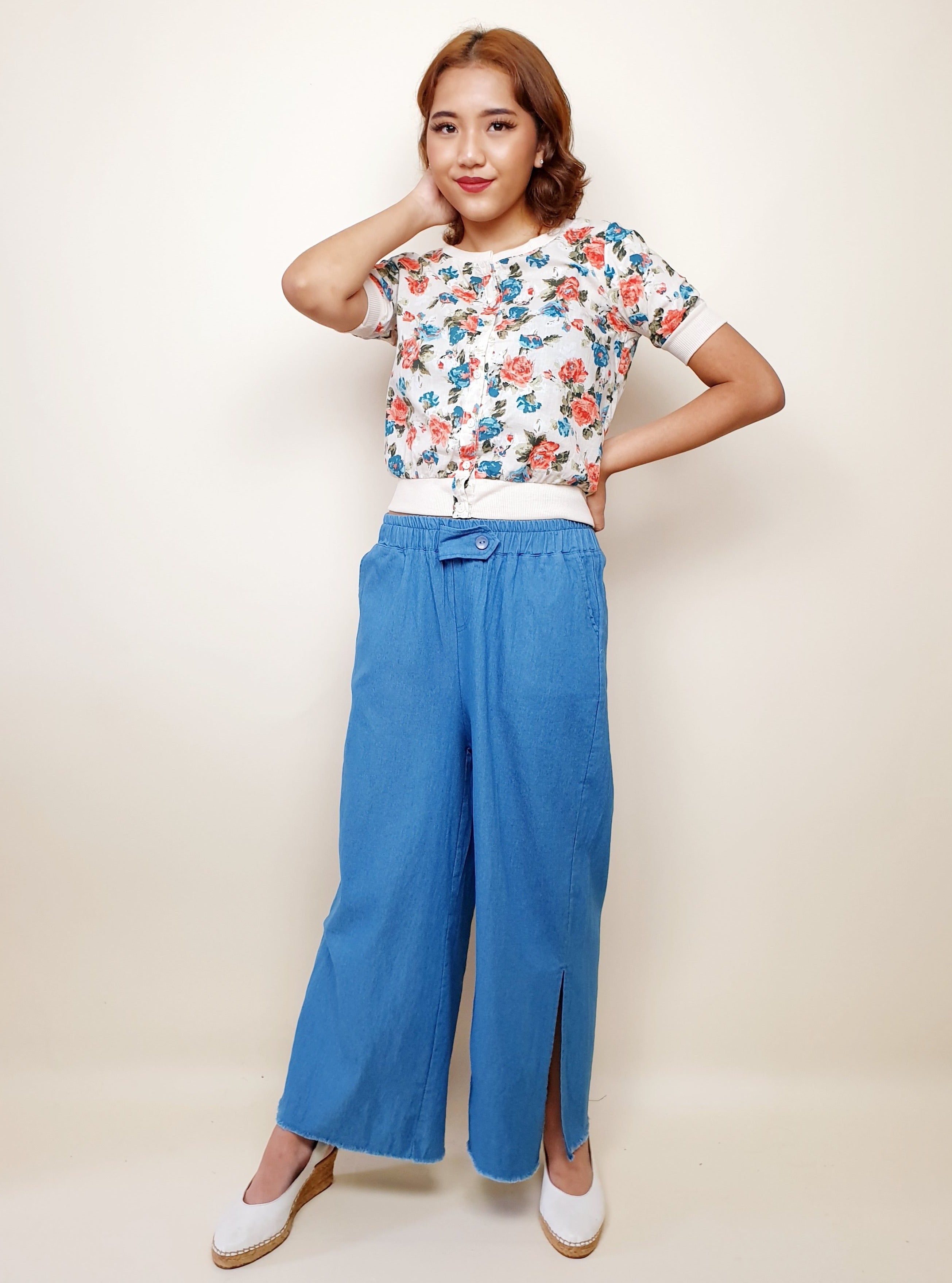 Light Denim Raw Hem Pants with Side Slit | Angie's Fashion