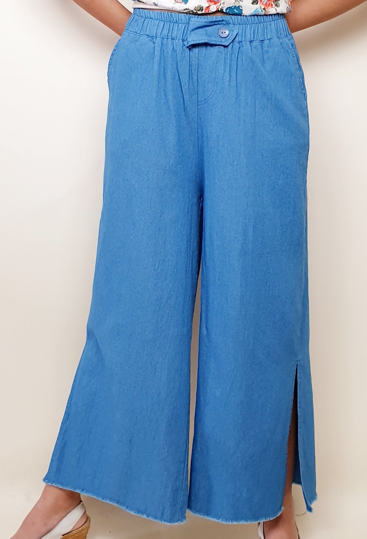 Light Denim Raw Hem Pants with Side Slit | Angie's Fashion