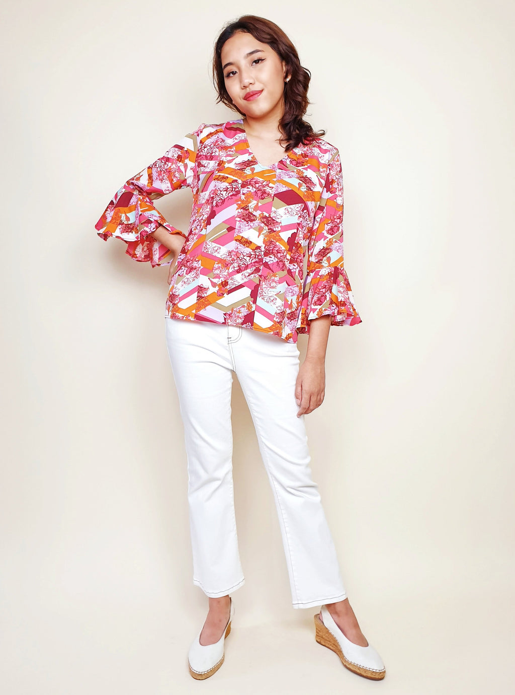 V-neck Satin Bell Sleeve Floral Chevron Top | Angie's Fashion