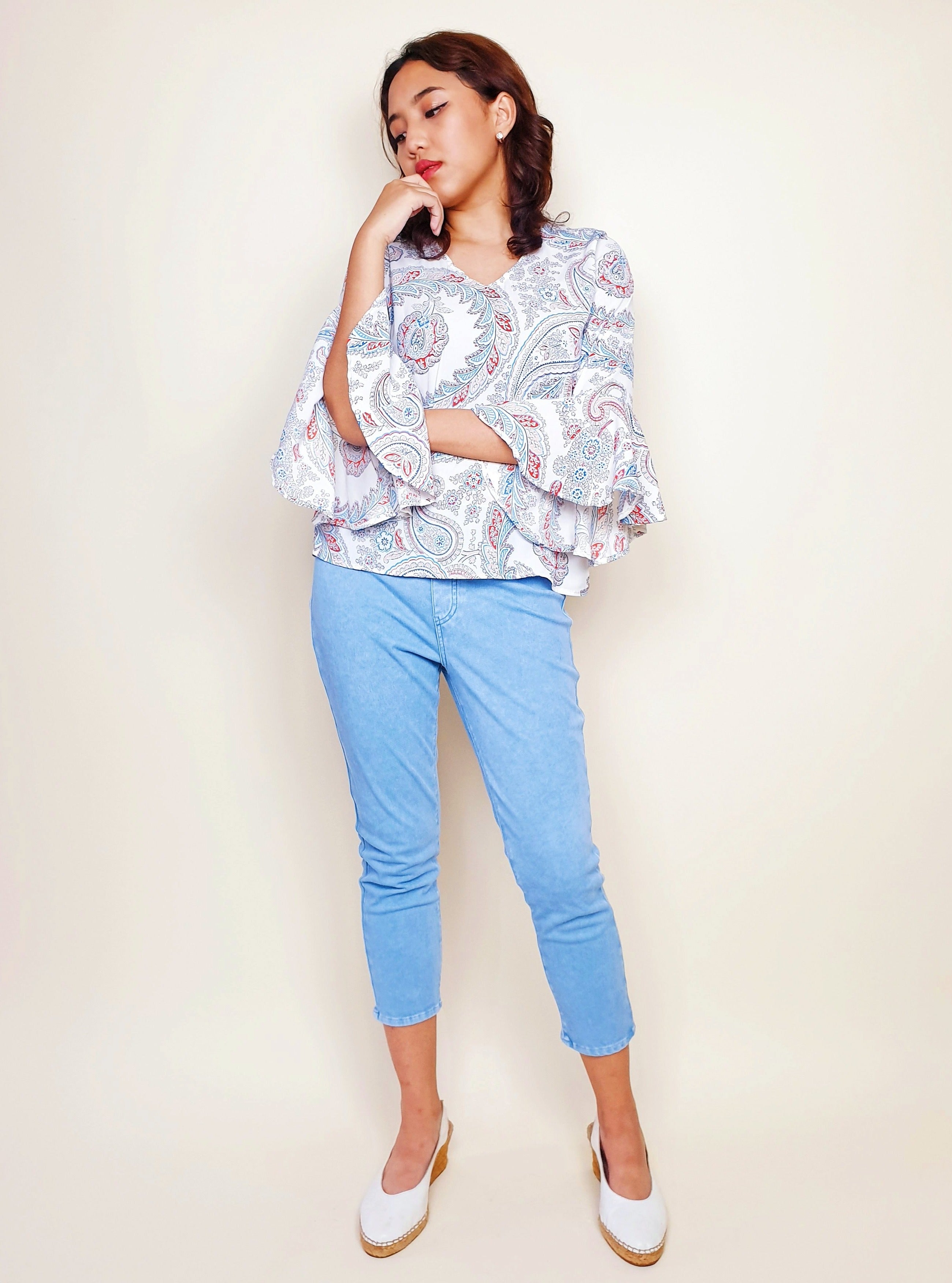 V-neck Satin Bell Sleeve Swirly Top | Angie's Fashion