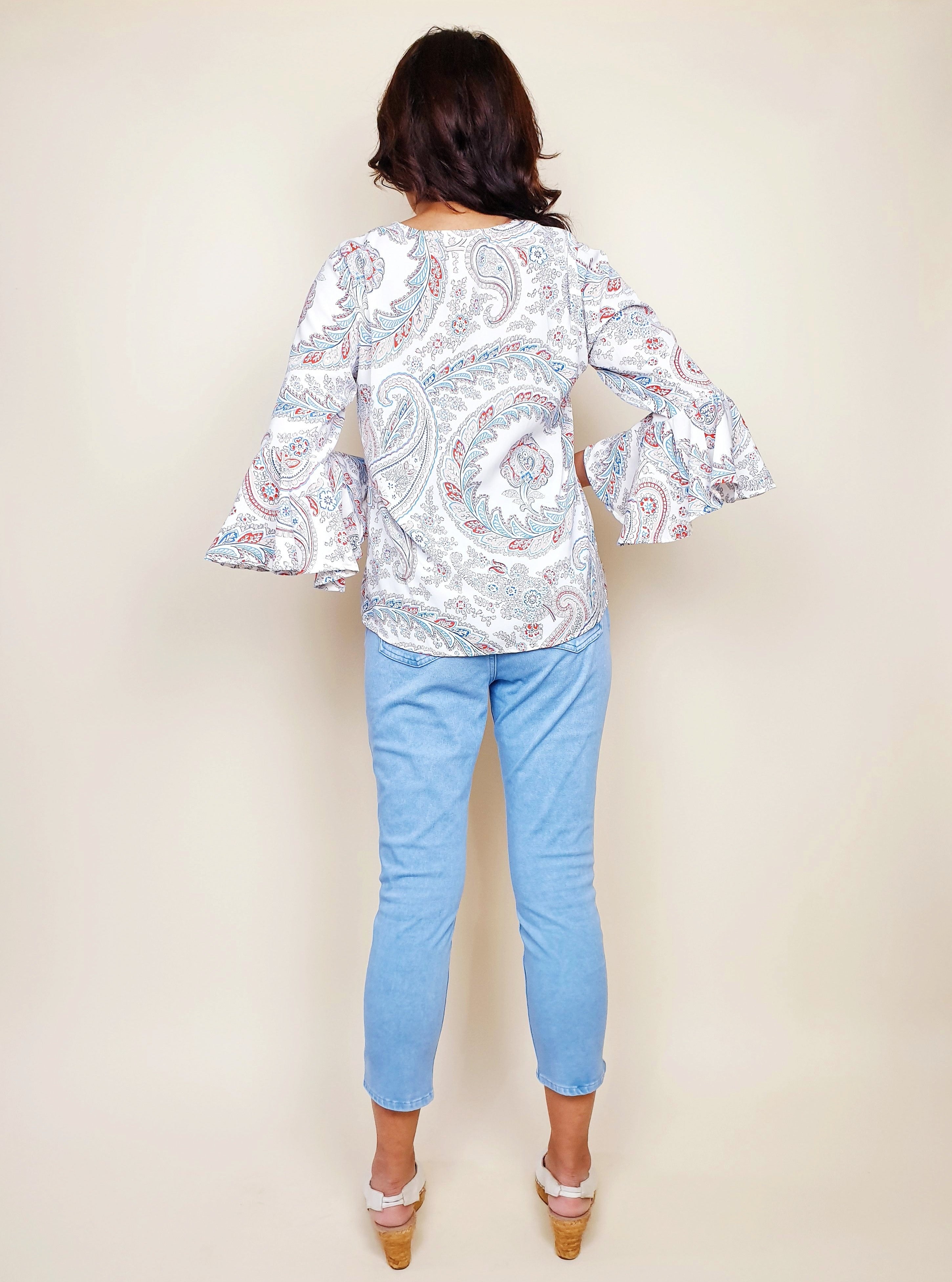 V-neck Satin Bell Sleeve Swirly Top | Angie's Fashion