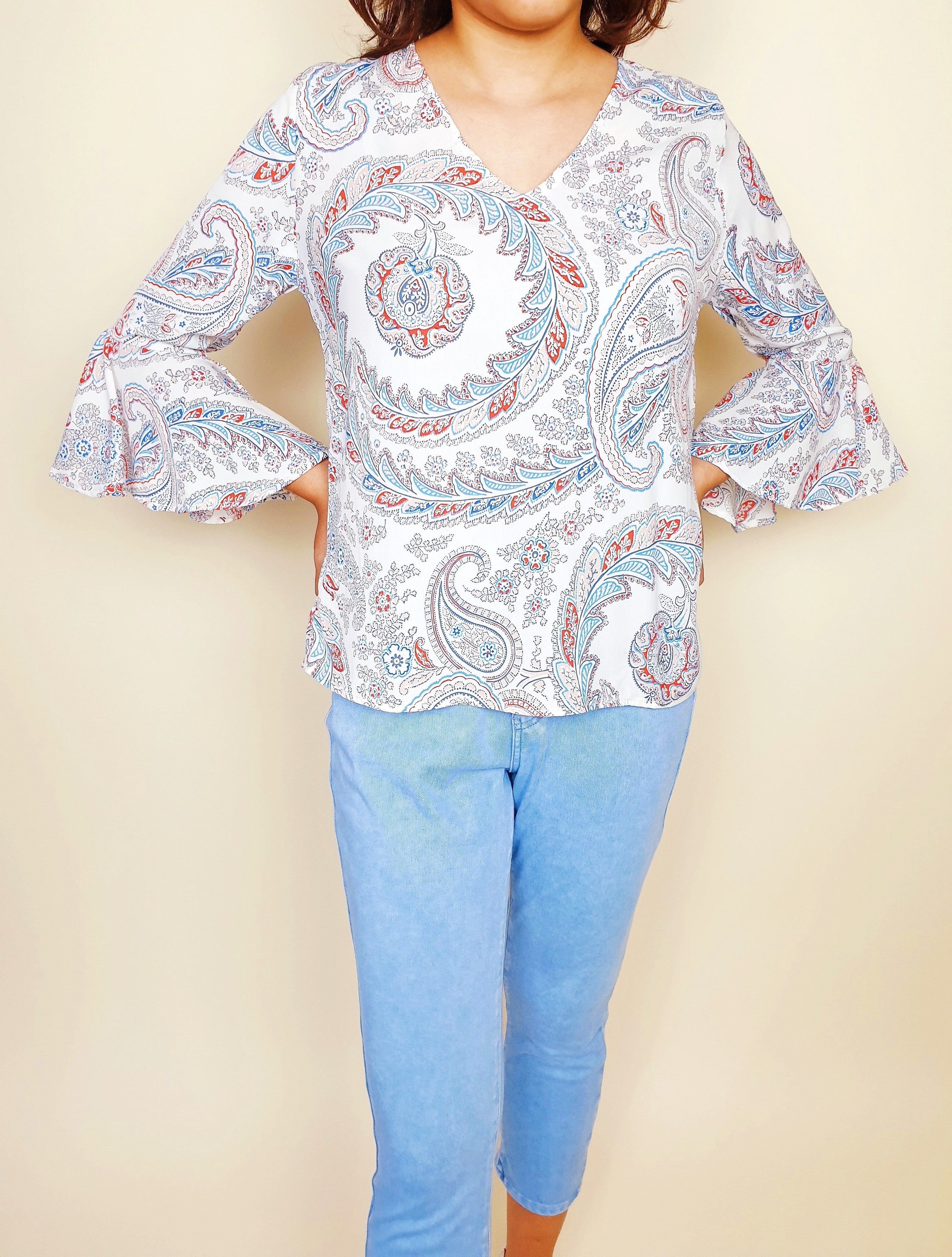 V-neck Satin Bell Sleeve Swirly Top | Angie's Fashion