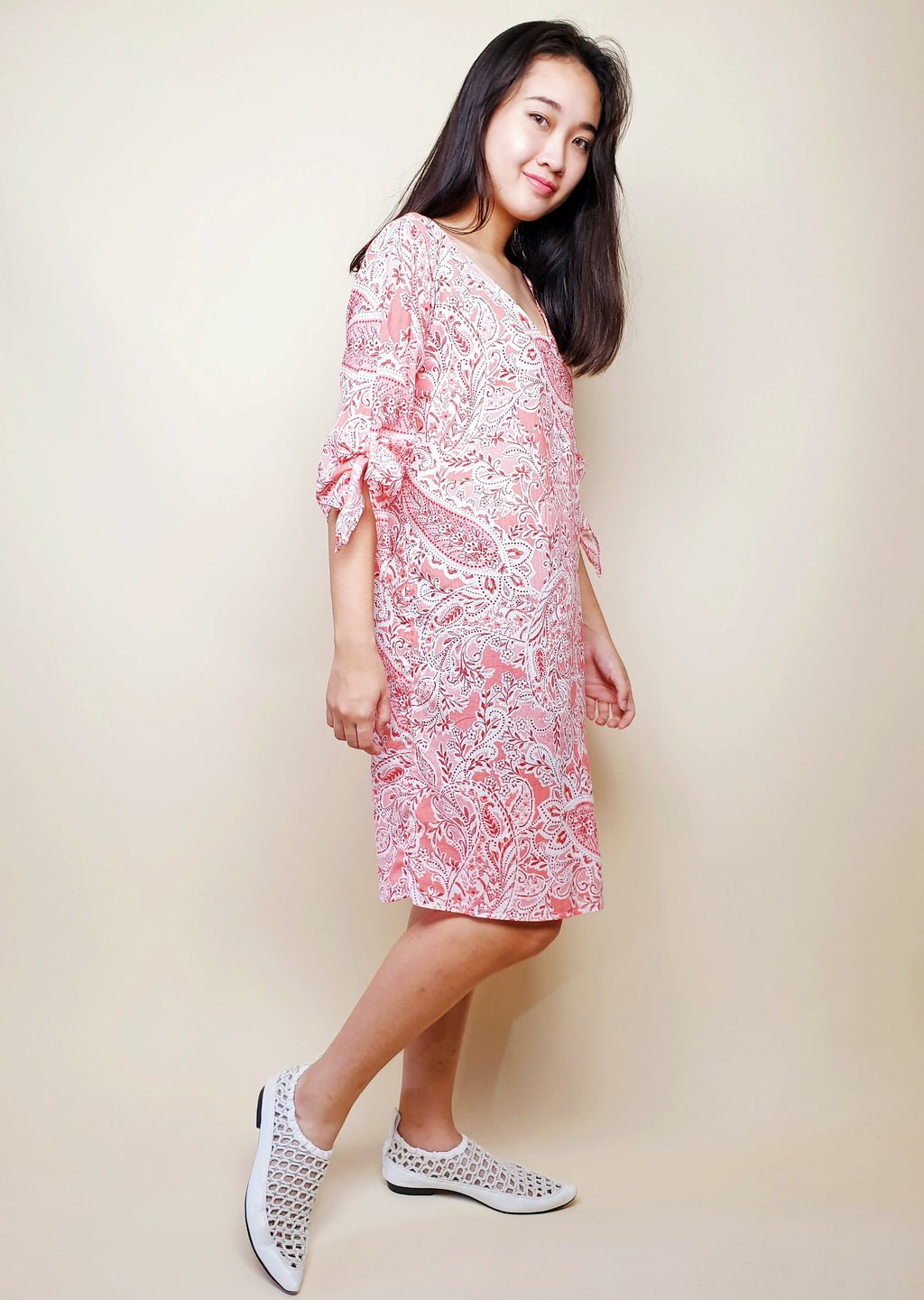 V-neck Pink Paisley Dress with Tie at Sleeves | Angie's Fashion